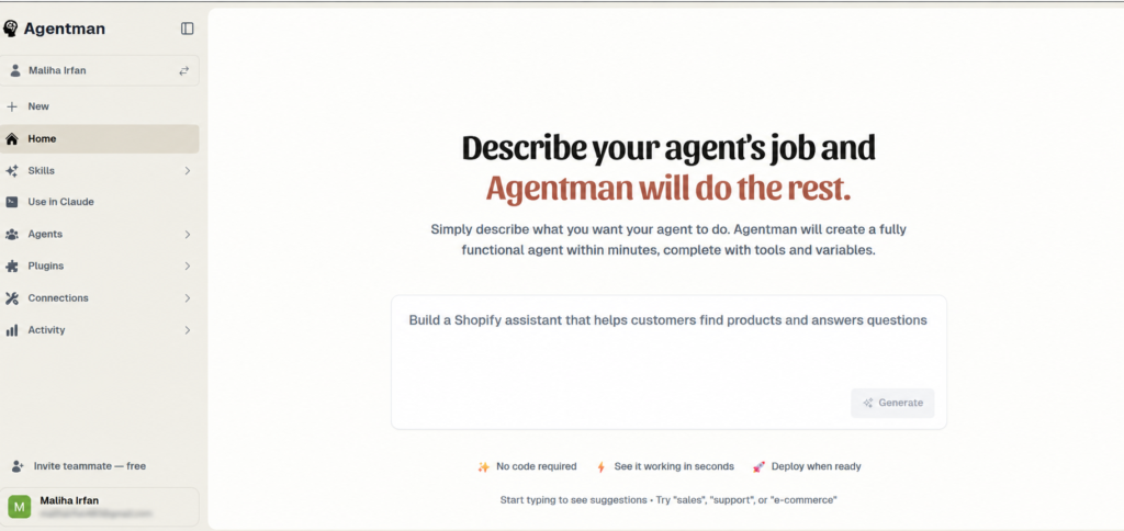 Agentman Dashboard Agent Builder